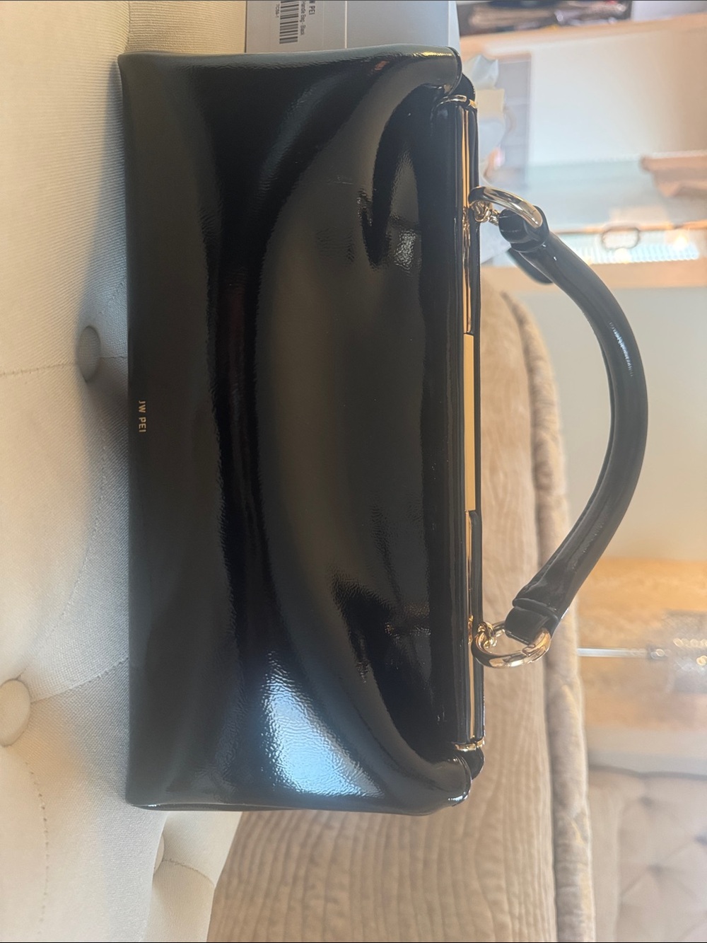 JW PEI Black Patent Top-Handle Clutch with Gold Hardware